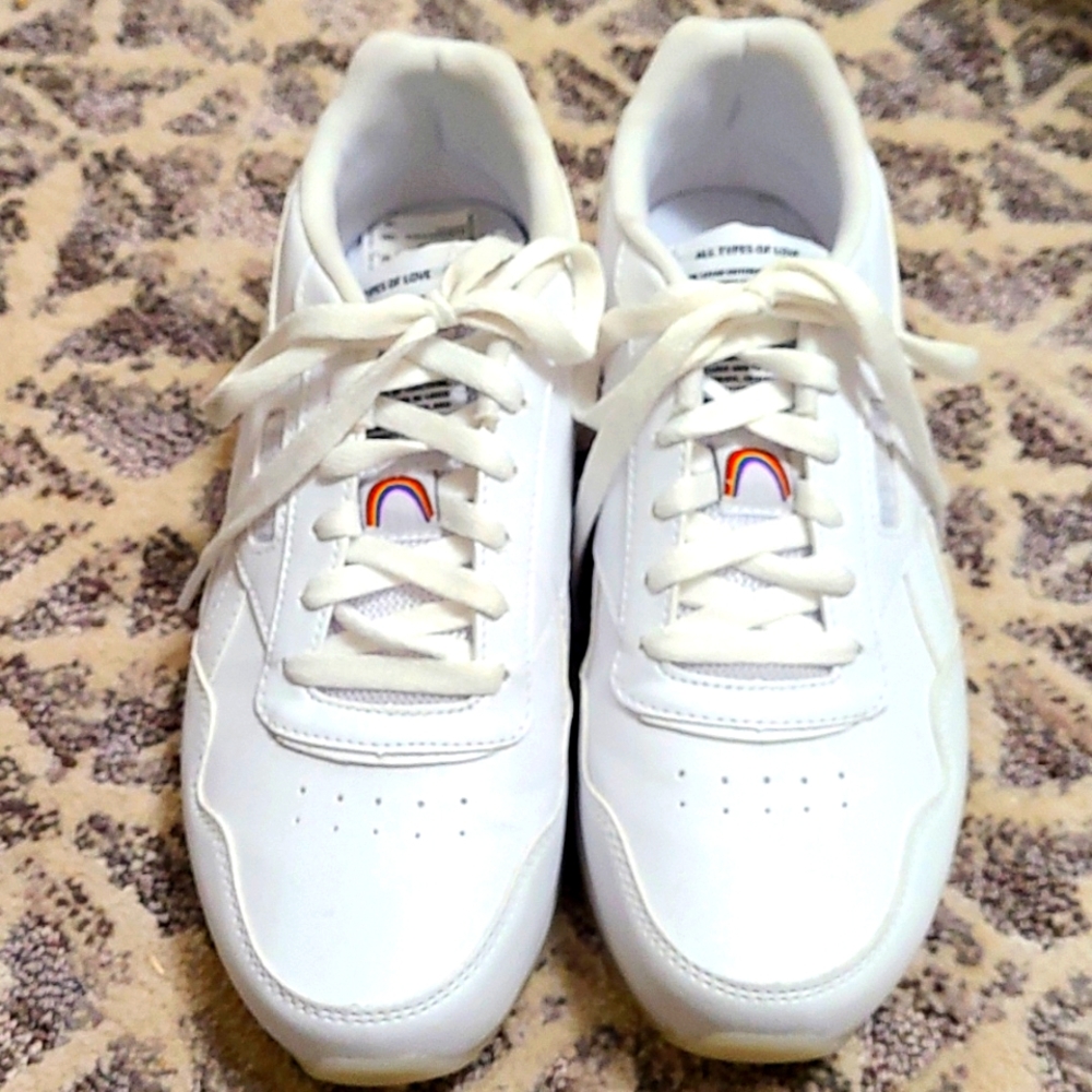 All white reebok with rainbow detail